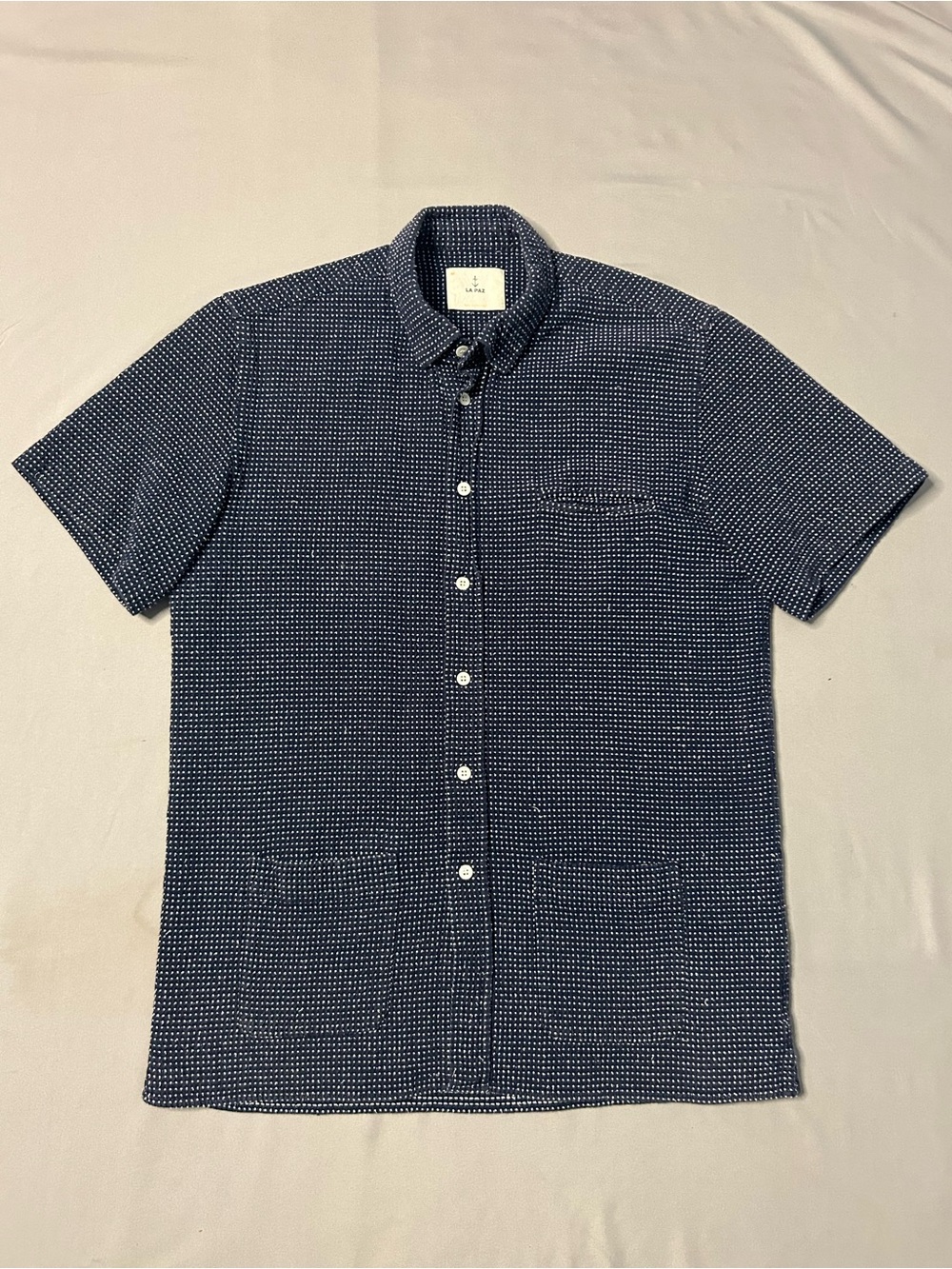 LA PAZ Made in Portugal Men’s Short Sleeve Button Shirt Navy White Size M